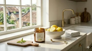 A lit lemon verbena candle sitting on a white marble kitchen counter to eliminate cooking odors.