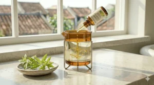 An artistic representation of pure lemon verbena essential oils being infused into candle wax.