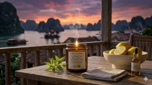 A lemon verbena candle placed on a wooden patio table to provide a fresh summer scent during sunset.