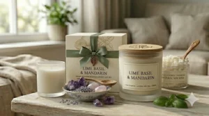 Illustration of a beautifully packaged lime basil candle gift set with a ribbon.