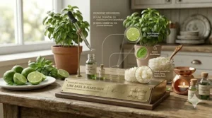 Graphic showing natural essential oils used to create lime basil candles.