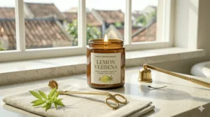 A graphic showing the clean burn and long-lasting wick of a premium lemon verbena candle.