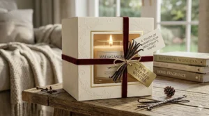 A photorealistic 4K close-up photograph of a meticulously packaged Madagascar Vanilla luxury candle gift box with gold foil stamping and a small bunch of cured vanilla beans attached by twine, resting on the rustic oak coffee table, under soft natural window light.