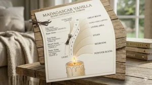 A photorealistic 4K close-up photograph of a bespoke infographic chart displayed on rustic oak wood, illustrating the "MADAGASCAR VANILLA SCENT INTENSITY & THROW," with a vertical scale from LIGHT (1) to MAXIMUM (10), visual 'Scent Throw' arcs connecting to rooms like a great room, and integrated detailed elements like cured vanilla beans, all under soft natural light.