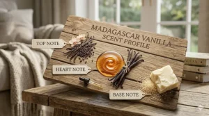 A photorealistic infographic on rustic wood showing the scent notes of a Madagascar vanilla candle: a top note of orchid petals and vanilla seeds, a heart note of amber oil and cured vanilla beans, and a base note of raw soy wax and sugar.