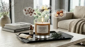 A decorative espresso scented candle styled on a matte black tray in a contemporary living room.