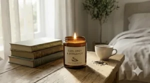 A lit earl grey bergamot candle used during a morning meditation and tea ritual.