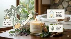 Visual representation of the clean-burning properties of natural soy wax used in eucalyptus spa candles.