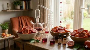 Artistic drawing of fresh blood oranges and essential oil droplets representing natural candle ingredients.