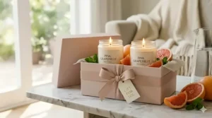 A photorealistic image of a beautiful pink grapefruit soy candle gift set, with two candles in a pink textured box adorned with a ribbon and a gold-foil tag, accompanied by fresh citrus slices.