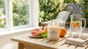 A photorealistic image of a burning pink grapefruit soy candle on a sunlit wooden patio table next to fresh grapefruit and sunglasses, showcasing a bright summer atmosphere.