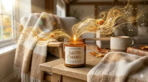 Illustration depicting the wide fragrance throw of a salted caramel candle filling a large room.
