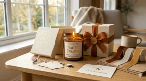 An elegant gift box containing a salted caramel scented candle wrapped with a ribbon.