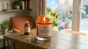 Split illustration showing blood orange candles as perfect decor for both bright summer patios and cozy winter mantels.