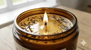 Close-up of a natural soy wax candle infused with earl grey tea and bergamot essential oils.