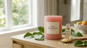 A photorealistic close-up image showing melted pink-tinted vegan soy wax being poured from a beaker labeled 'VEGAN ESSENTIAL OIL' into a candle jar with a wick, illustrating eco-friendly candle making.