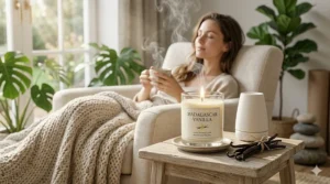 A photorealistic 4K photograph capturing the relaxing benefits of a burning Madagascar vanilla candle, with a woman reclining comfortably in a soft armchair as fragrant steam diffuses into a sunlit room filled with green plants and a chunky knit throw, under natural window light.