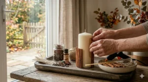 Close-up of a person carefully gluing natural cinnamon sticks around a glass pillar candle.