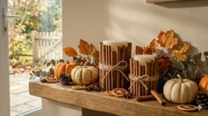Cinnamon stick candles placed among mini pumpkins and colorful autumn leaves on a mantel.