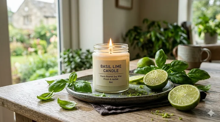 A lit basil lime soy candle in a clear glass jar on a modern concrete tray surrounded by fresh lime slices and basil leaves. basil lime candles