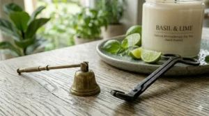A beautifully packaged basil lime candle in a rustic kraft paper gift box with a green ribbon.