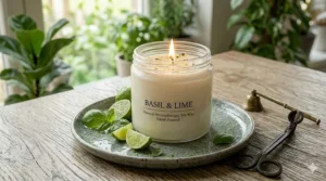 A luxury basil lime candle placed next to a bathtub for a relaxing, refreshing aromatherapy bath experience.