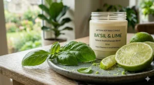 An abstract illustration showing refreshing scent waves of herbal basil and citrus lime rising from a burning candle.