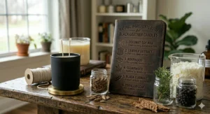 Natural ingredients used in black leather candles including eco-friendly soy wax and premium fragrance oils.