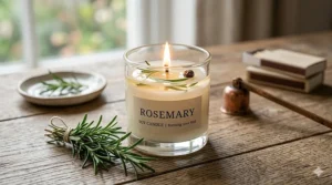 A lit fresh rosemary candle with a steady flame, emitting a herbal aroma in a cozy room.
