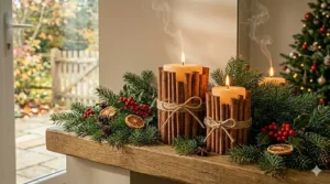 A lit cinnamon stick candle with soft glowing flames, releasing a warm spicy aroma.