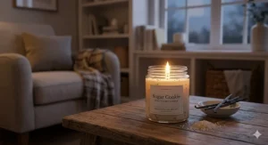 A warm, glowing sugar cookie soy candle burning in a cozy living room setting during the evening.