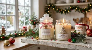 Festive sugar cookie candles decorated with red and green sprinkles for a holiday-themed display.