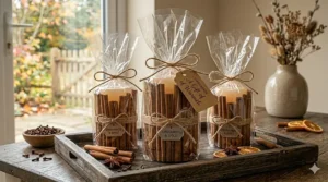 Two cinnamon stick candles wrapped in clear cellophane with a gift tag, ready for gifting.