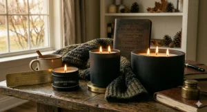 A glowing black leather candle creating a warm, cozy ambiance next to a knit blanket during winter.