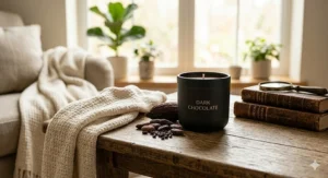 A decorative dark chocolate candle placed on a coffee table next to a stack of books and a warm blanket.