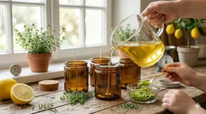 A step-by-step DIY tutorial graphic showing how to pour homemade lemon thyme candles using melted soy wax.