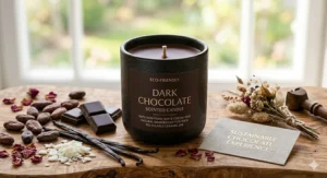Illustration highlighting the biodegradable cotton wick and recyclable glass jar of a premium dark chocolate candle.