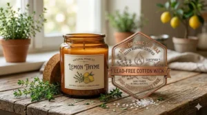 An eco-friendly product badge illustrating the non-toxic and clean-burning properties of a soy-based lemon thyme candle.