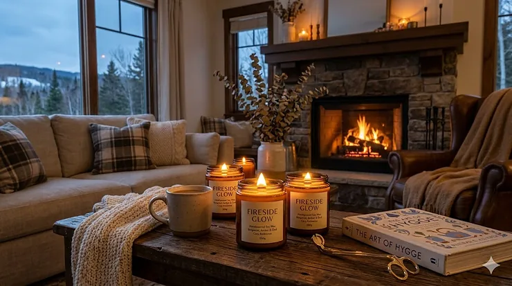 A lit fireside glow candle flickering on a rustic wooden coffee table in a cozy, dimly lit living room with a warm fireplace in the background. fireside glow candles