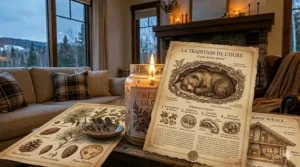 An illustrated graphic detailing the fragrance notes of fireside glow candles, featuring amber, cedarwood, and smoky vanilla elements.