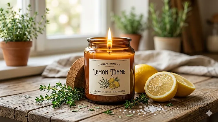 A lighted lemon thyme candle in a clear glass jar surrounded by fresh sliced lemons and green thyme sprigs on a rustic wooden surface. lemon thyme candles