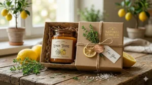 A gift-wrapping concept illustration showing a lemon thyme candle packed in a sustainable brown kraft box with a twine bow.