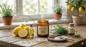 A fragrance profile diagram displaying the citrus top notes and herbal middle notes of lemon thyme candles.