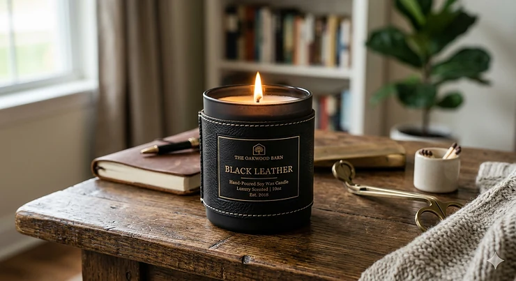 Luxury black leather candles with a textured label placed on a dark wooden table next to a leather-bound book.