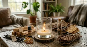 An illustration showing soy wax being poured into glass jars infused with tobacco leaf fragrance oils.