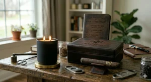 Matte black leather candles styled on a dark executive desk as a masculine home decor accent.