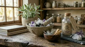 A peaceful meditation space featuring a lit white sage candle and quartz crystals.