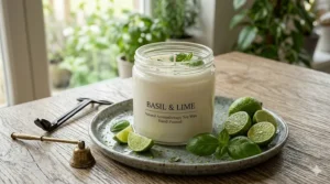 An eco-friendly basil lime candle made from natural soy wax with a clean-burning cotton wick.