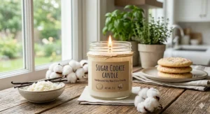 An eco-friendly sugar cookie candle made from 100% natural soy wax with a lead-free cotton wick.