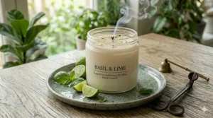 Liquid soy wax mixed with basil lime essential oils being carefully poured into glass candle jars.